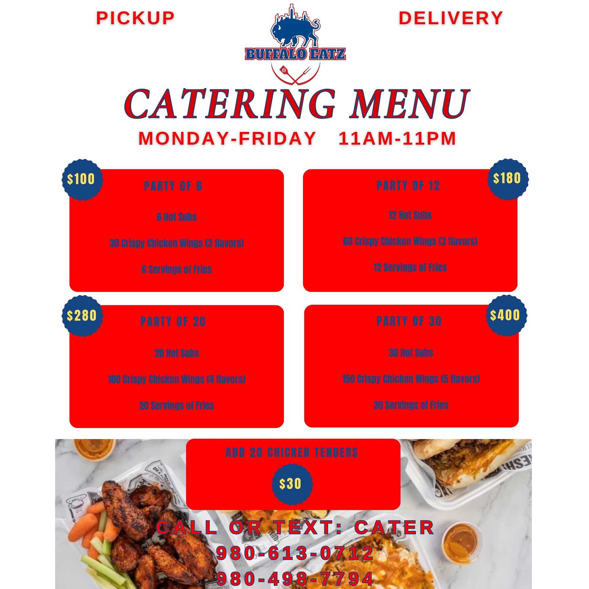 Buffalo Blitz Catering Menu: Party sizes ranging from 10 to 40 available, with chicken wings and sides.